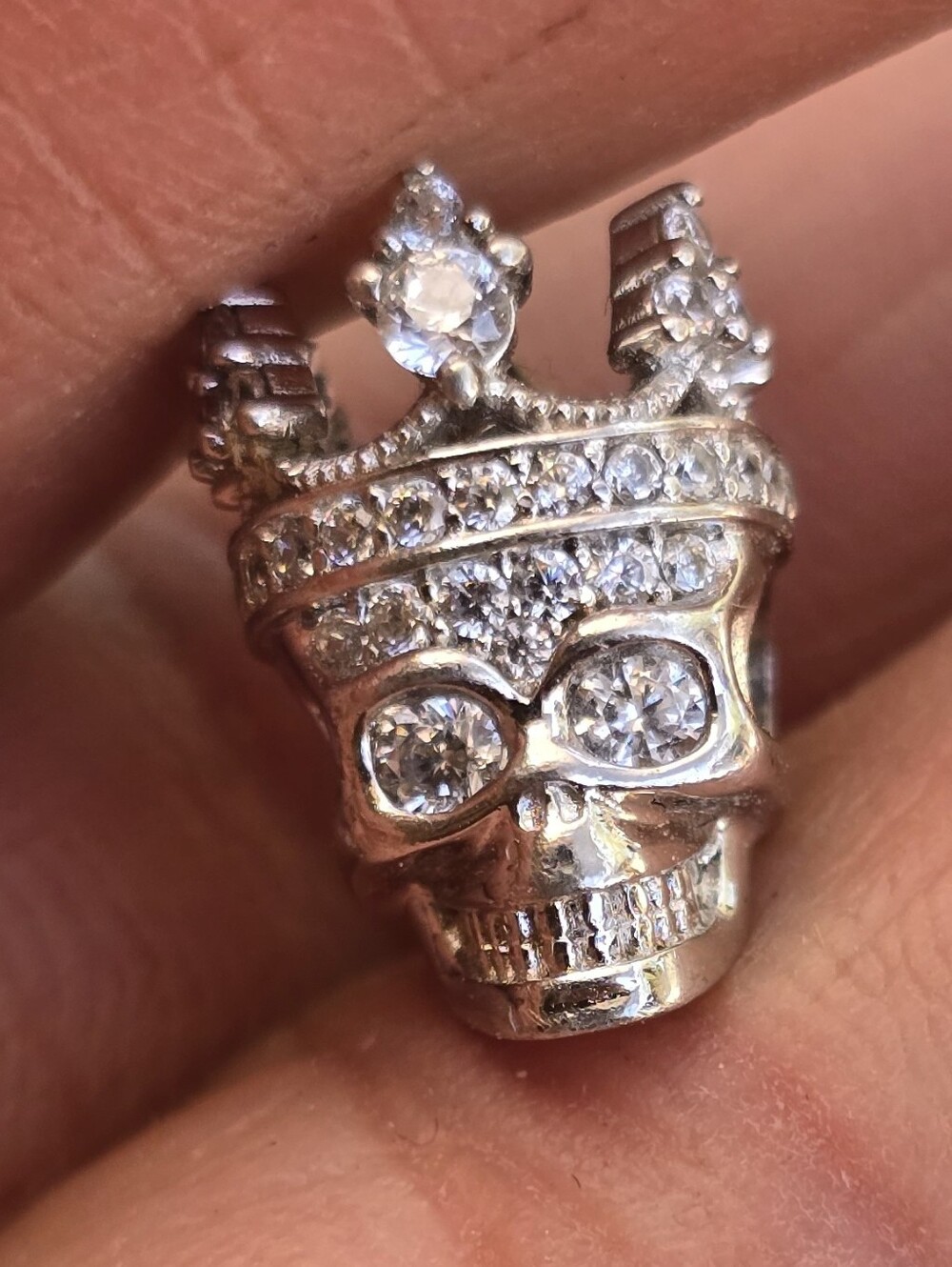 Solid 925 sterling silver crowned skull bead CZ diamond encrusted